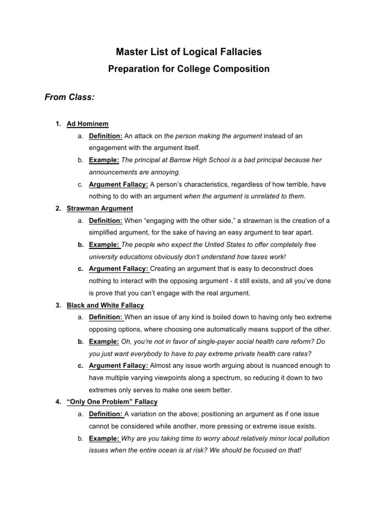 Master List of Logical Fallacies: Preparation For College Composition ...
