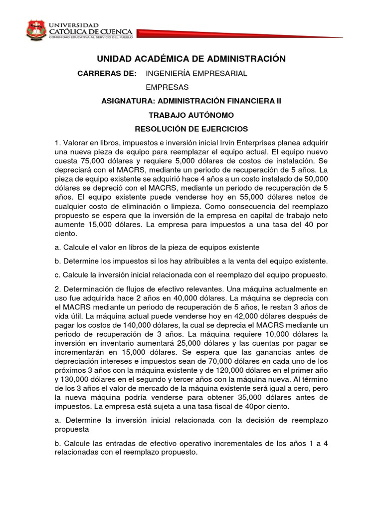 Ejercicios de Administracion Financiera | PDF | Depreciación | Inversiones