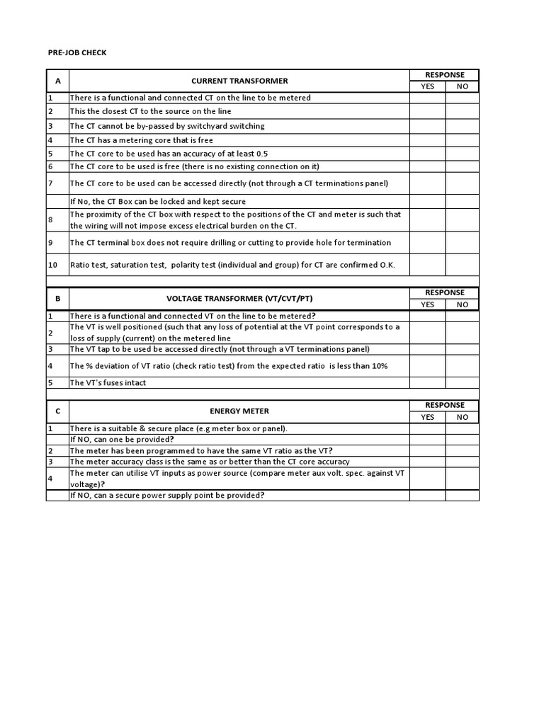 Meter Installation Checklist Transformer Manufactured Goods