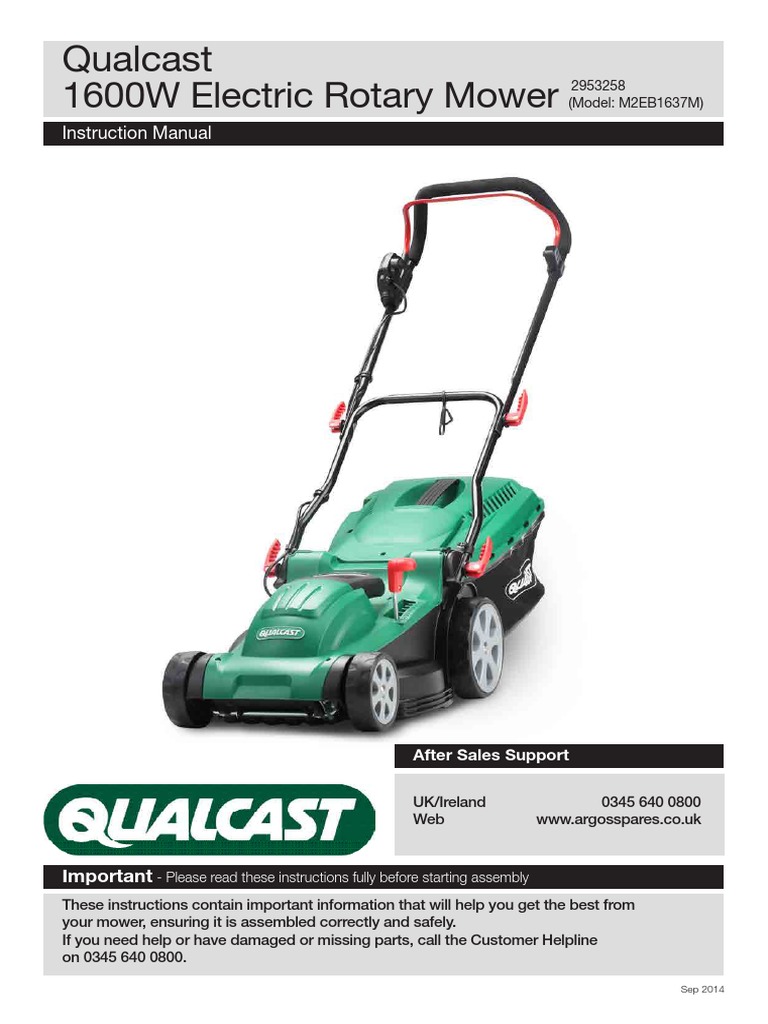 Instruction Manual for the Qualcast 1600W Electric Rotary Lawn Mower A