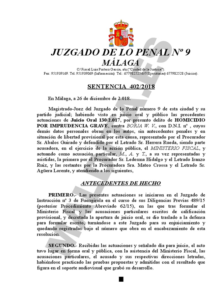 SENTENCIA 402/2018 JUZGADO DE LO PENAL No 9 MÁLAGA | PDF | Derecho