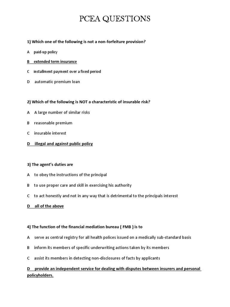 Exam Paper Pce 20152 Life Insurance Insurance