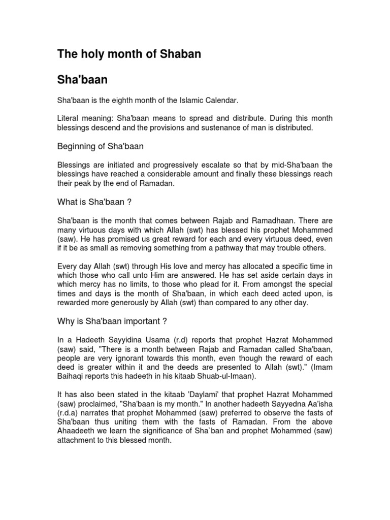 Importance of Sha'baan in Islam | PDF | Ramadan | Muhammad