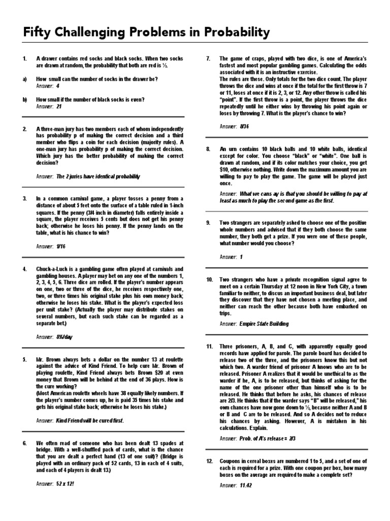 Fifty Challenging Problems Probability | PDF | Roulette | Probability