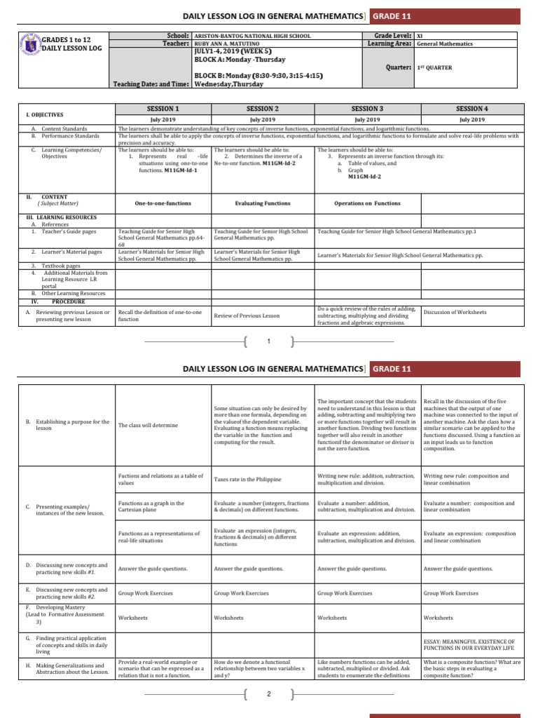 Daily Lesson Log in General Mathematics: Grade 11 | PDF | Function ...
