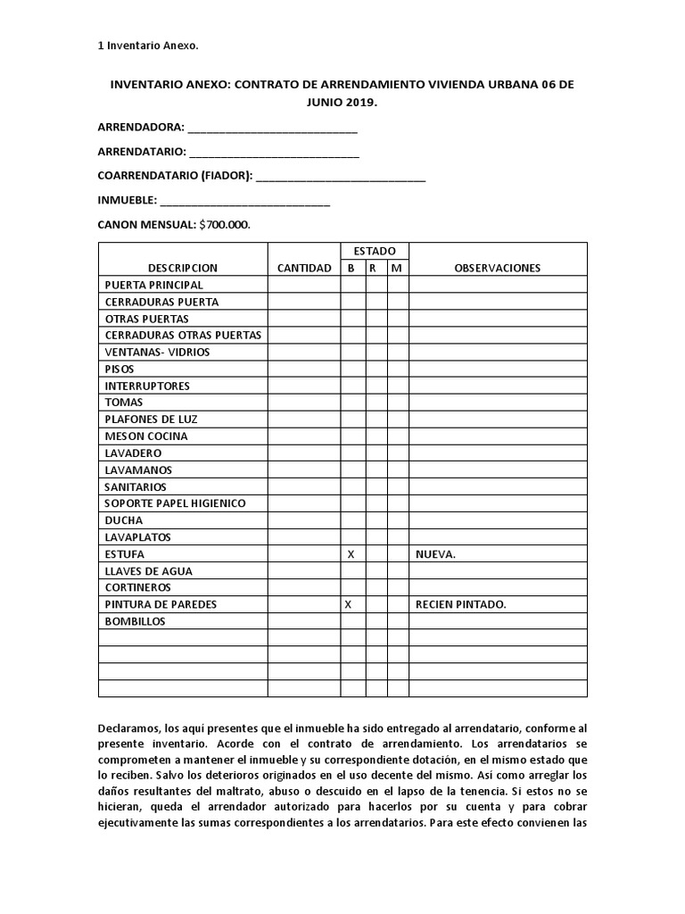 Minuta Inventario Contrato de Arrendamiento Colombia PDF
