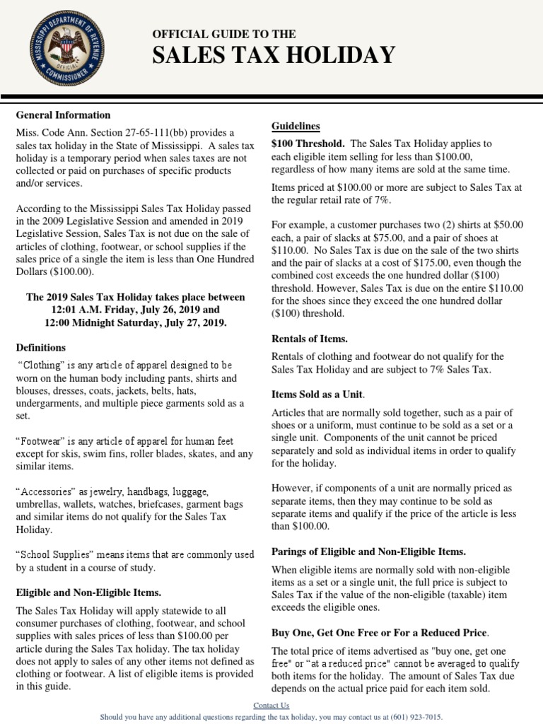 2019 Mississippi Sales Tax Holiday PDF Sales Taxes In The United