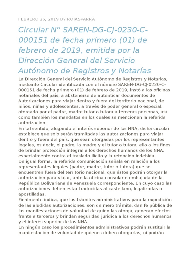 Circular N° SARENDGCJ0230C000151 de fecha primero (01) de febrero