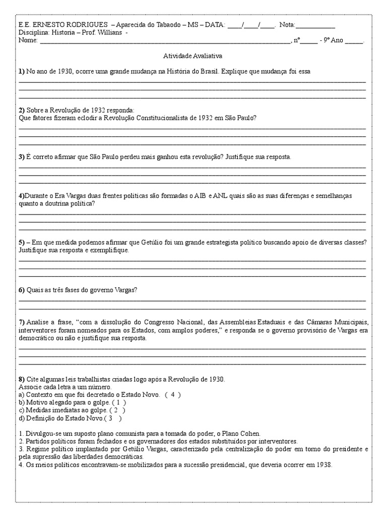 Atividades sobre a Era Vargas - 9º Ano | PDF | Governo | Política (geral)
