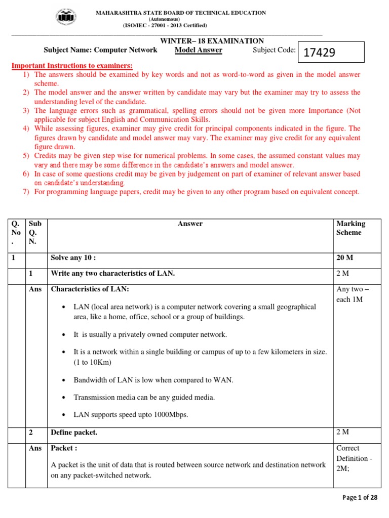 Computer Network Exam Model Answers | PDF | Network Topology | Computer ...