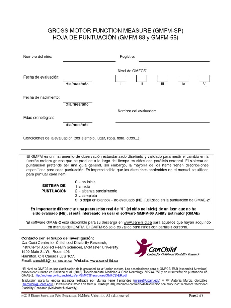 Gross Motor Function Measure Hoja Puntuación (Versión Española) | PDF
