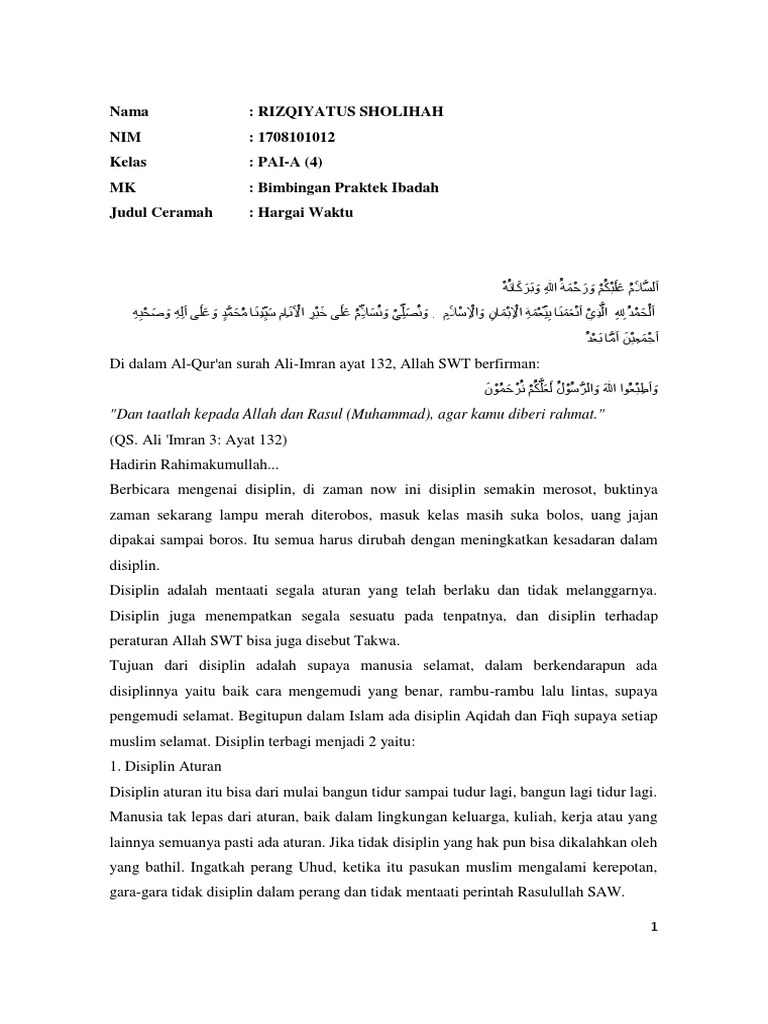 Contoh Ceramah Hargai Waktu Oleh Rizqiyatus Sholihah