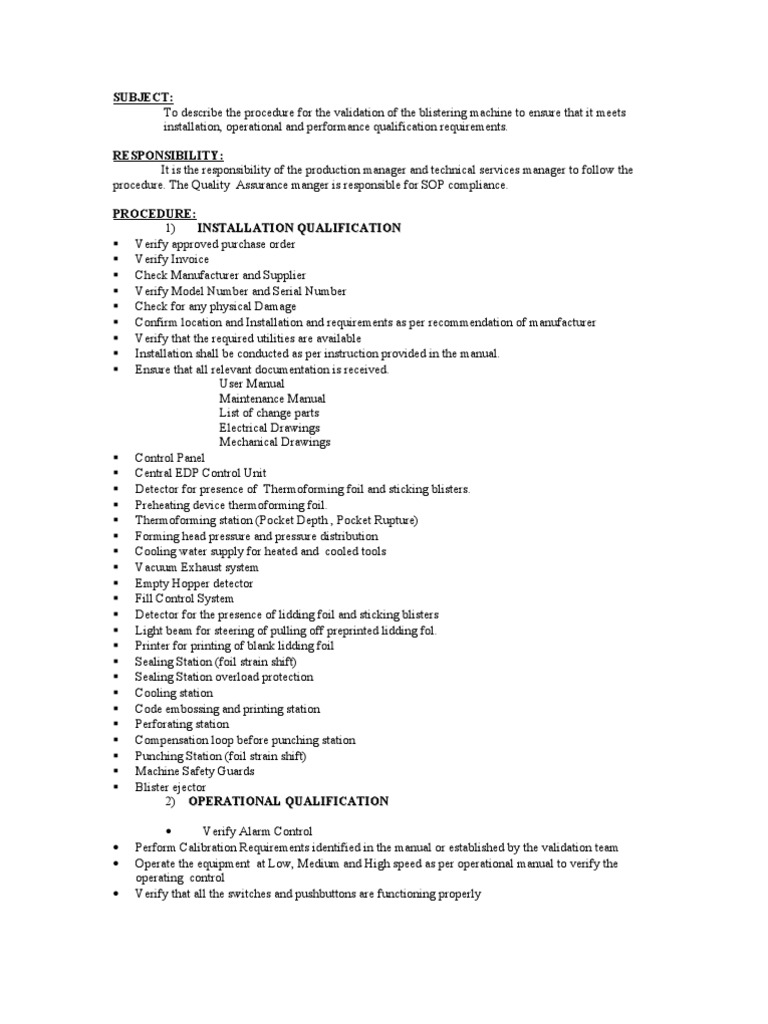 Blister Machine Validation Procedure | PDF | Verification And ...