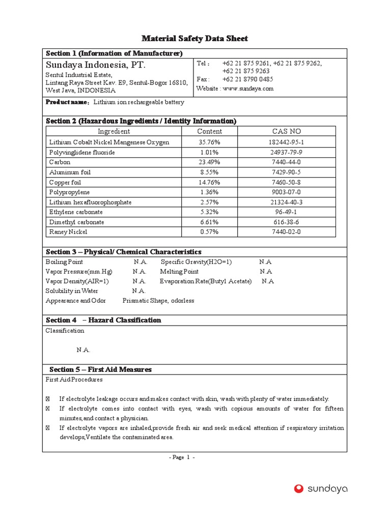 Lithium Ion Battery Safety Data Sheet | PDF | Dangerous Goods | Sodium