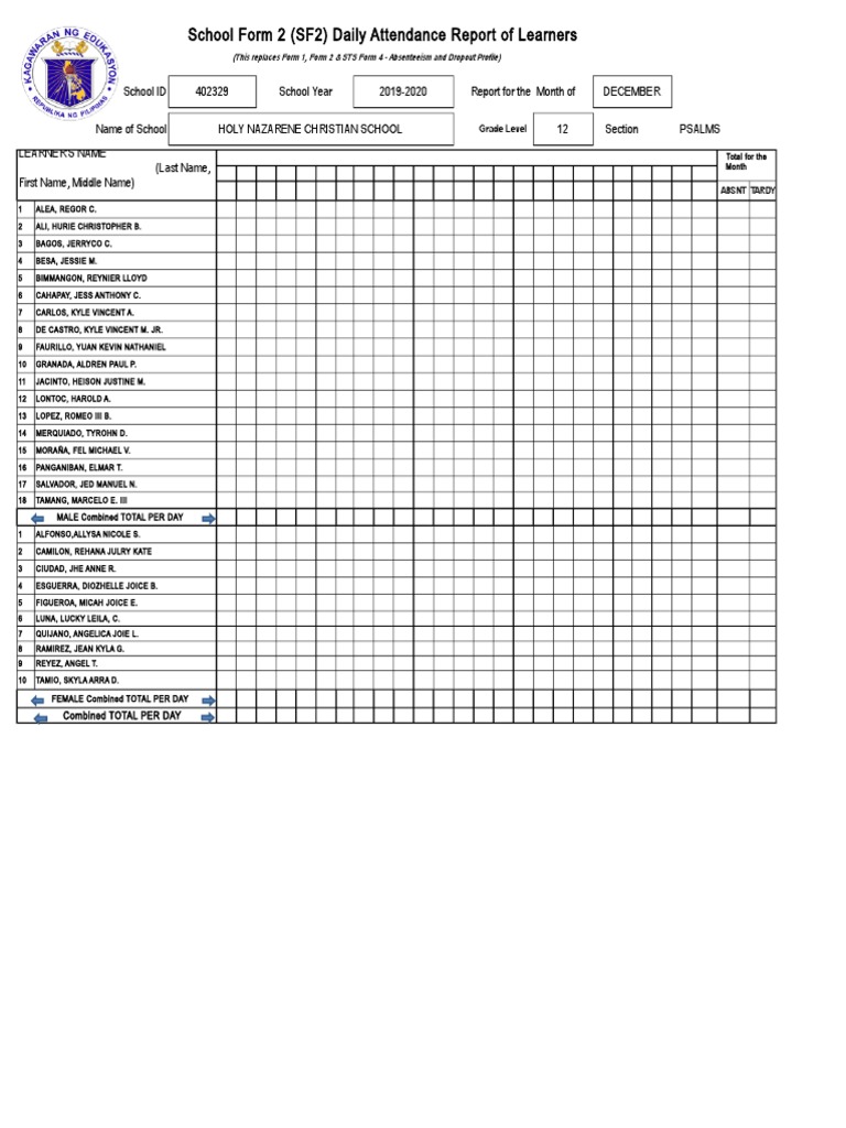 School Form 2 (SF2) Daily Attendance Report of Learners | PDF