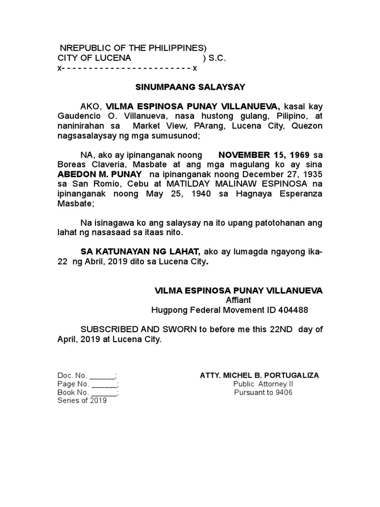 Affidavit of Discrepancy Morcilla Tagalog PDF Affidavit Document