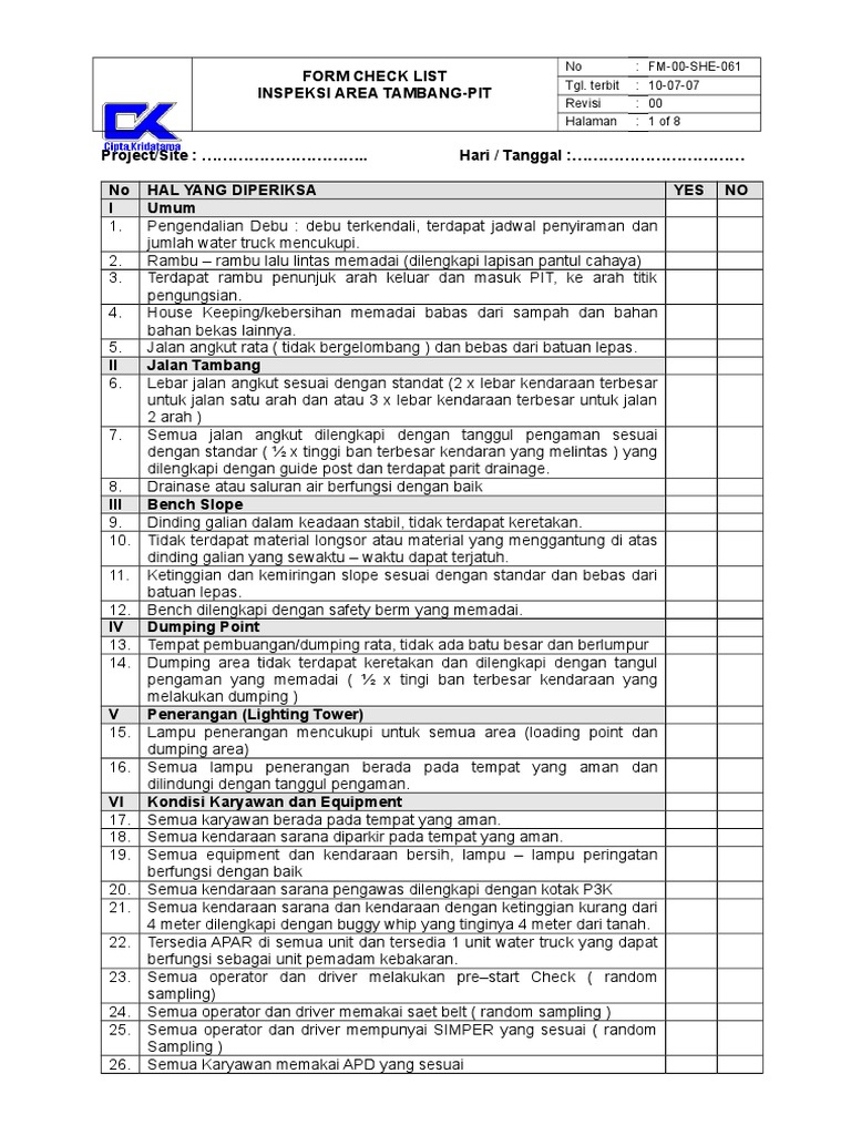 Form Checklist Inspeksi Tambang Pit | PDF