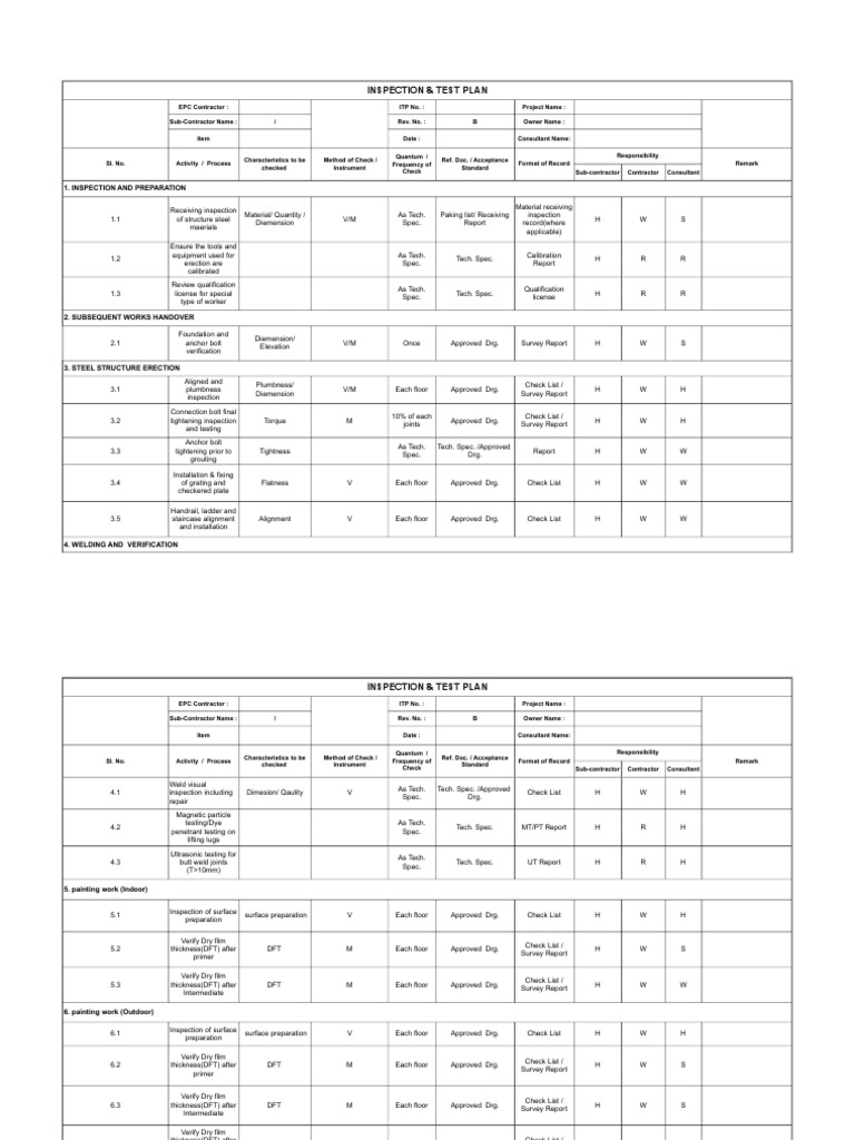 ITP For Steel Structure1 | PDF | Specification (Technical Standard) | Screw