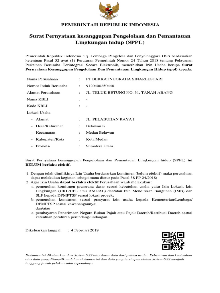 Izin SPPL untuk PT Berkatnugrah Sinarlestari | PDF | Pengelolaan ...