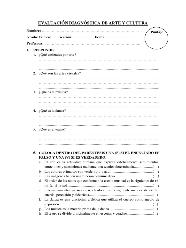 Evaluación Diagnóstica de Arte y Cultura 1er Grado | PDF | Ritmo | Bailes