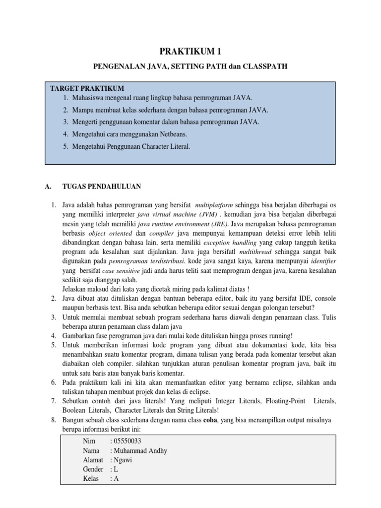 Praktikum Pengenalan Bahasa Java | PDF
