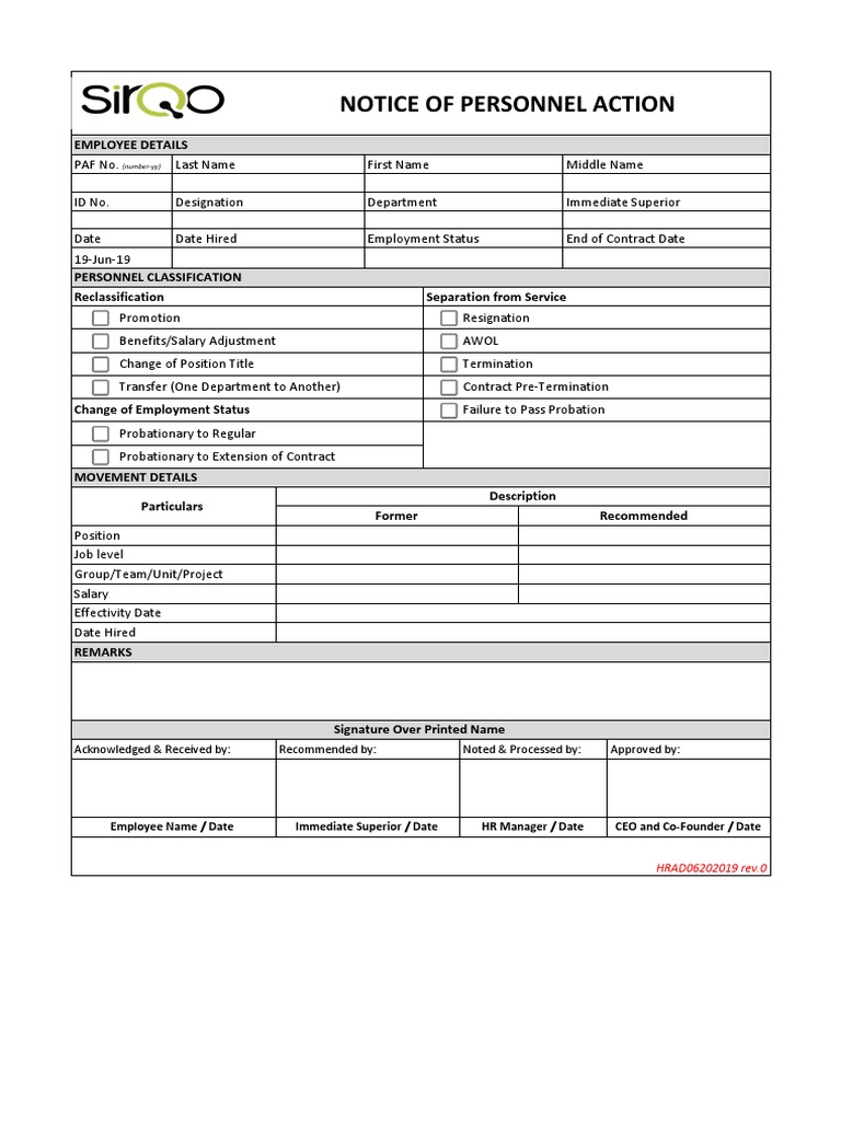 Personnel Action Form PDF