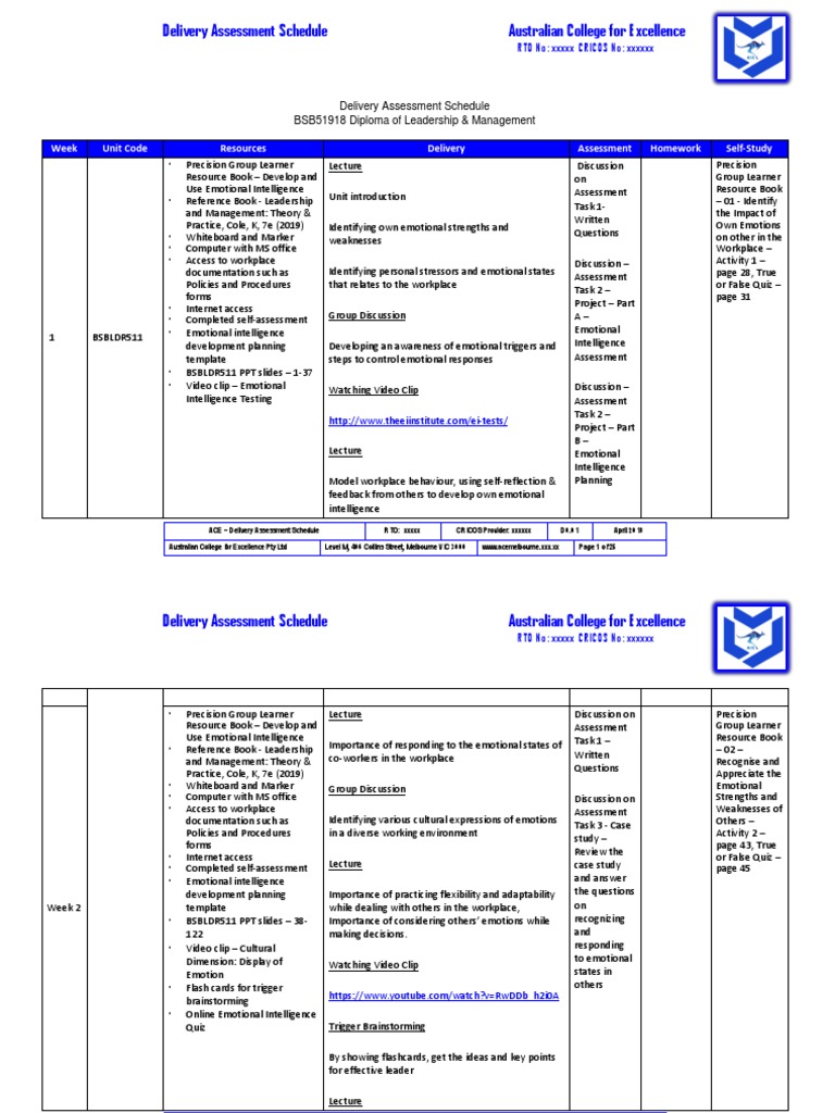 ACE Delivery Assessment Schedule Dip Units.docx Leadership