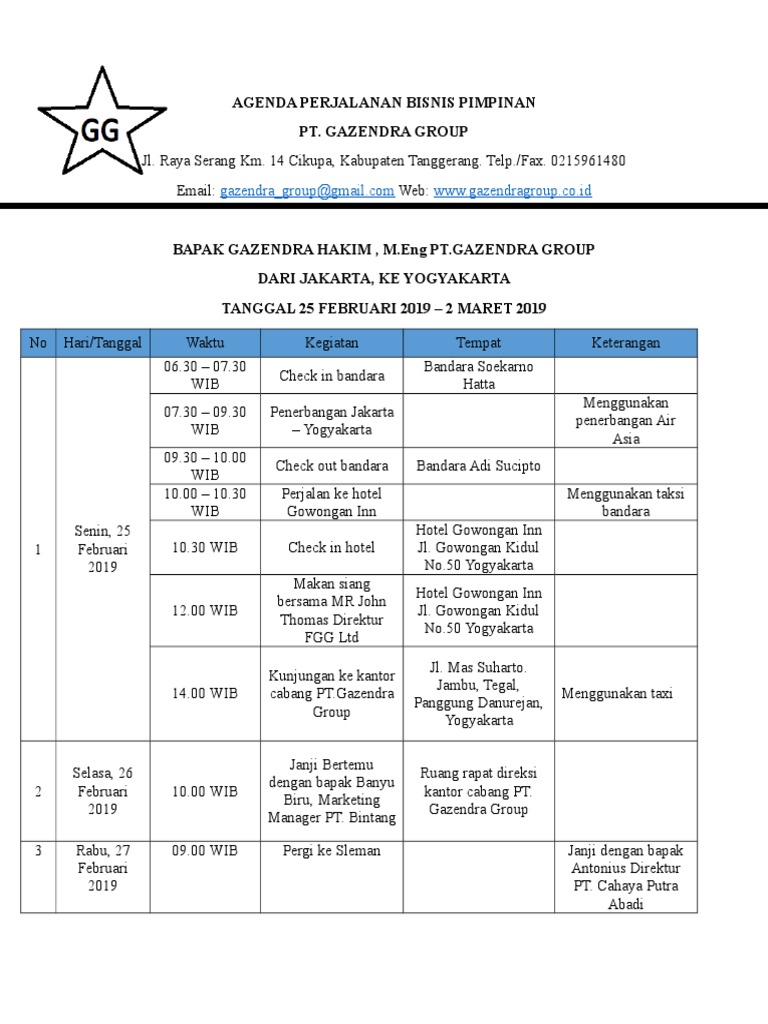 Agenda Perjalanan Bisnis Pimpinan