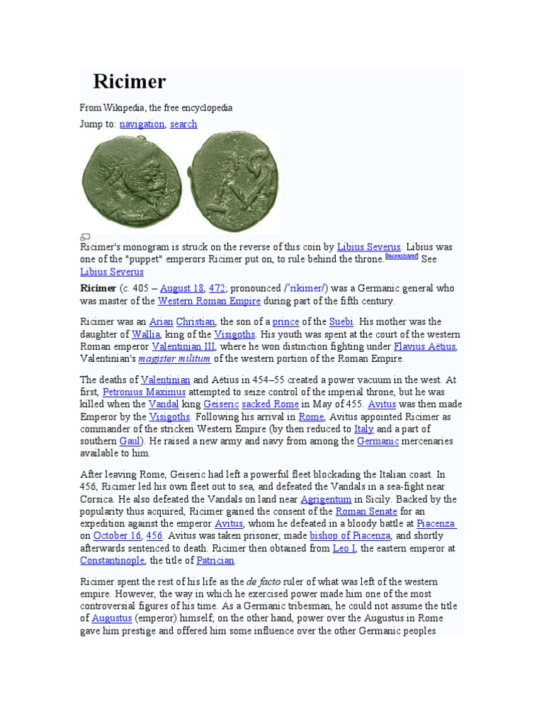 Ricimer: Power Behind Rome's Throne | PDF | Ancient Romans | Roman Emperors