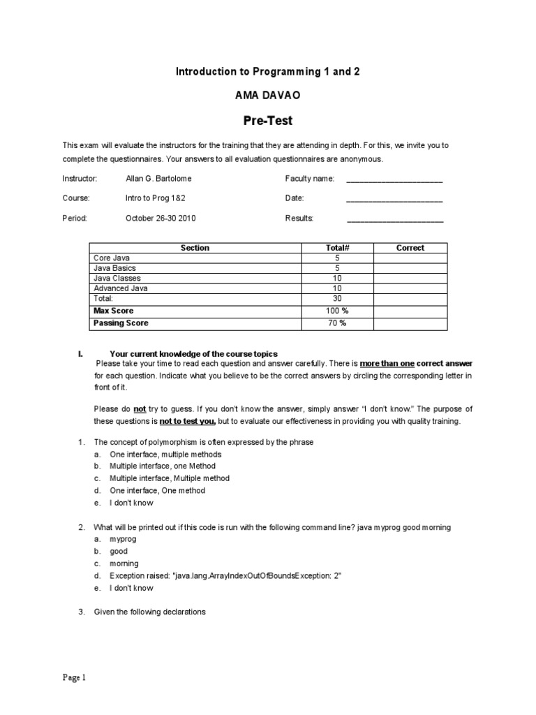 Pre-Test: Introduction To Programming 1 and 2 Ama Davao | PDF | Method ...