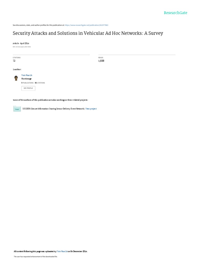 Security Attacks and Solutions in Vehicular Ad Hoc Networks: A Survey ...