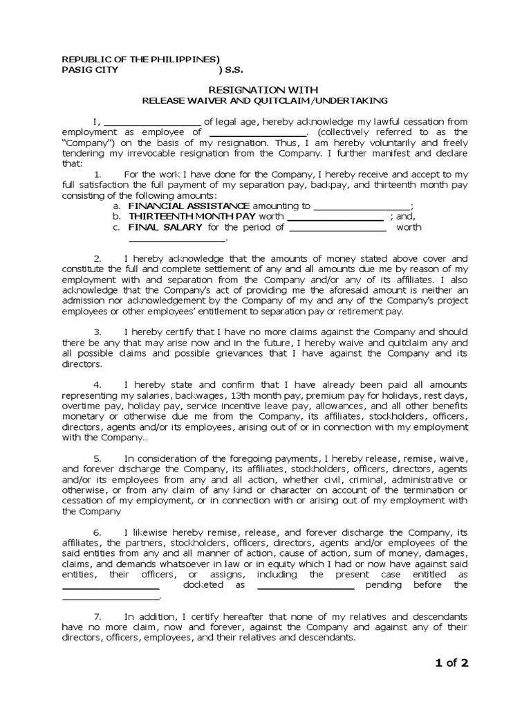 Sample Quitclaim Employment Salary