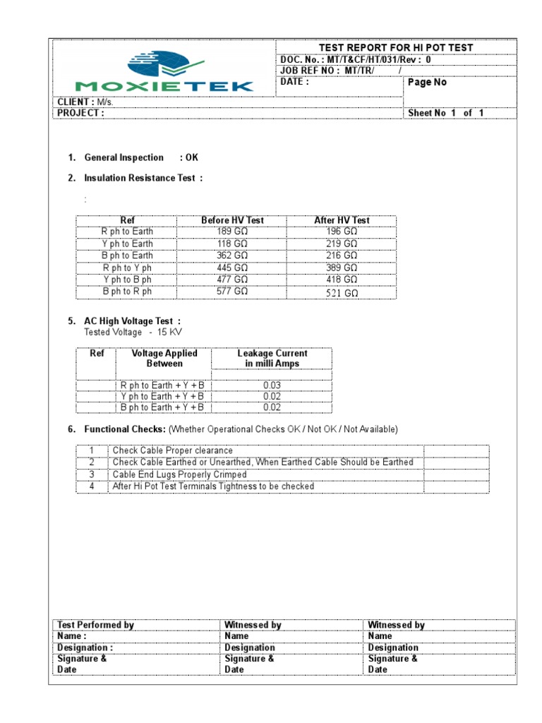 Hi Pot Test Report for 11kV Cable | PDF