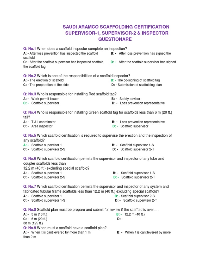 Aramco Scaffolding Supervisor Exam Guide | PDF | Scaffolding | Equipment