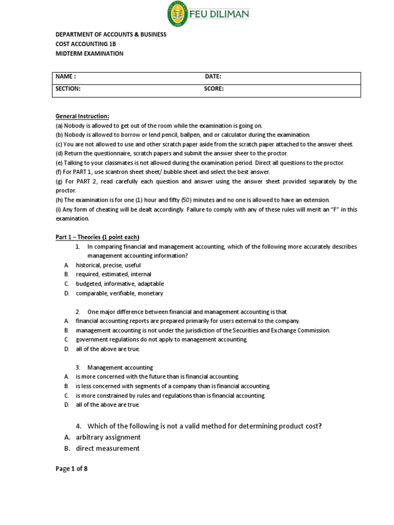 Cost Accounting Midterm Exam Review | PDF | Cost Accounting | Accounting