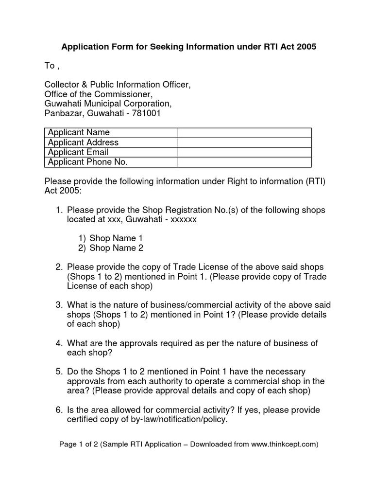 Application Form For Seeking Information Under RTI Act 2005 | PDF ...