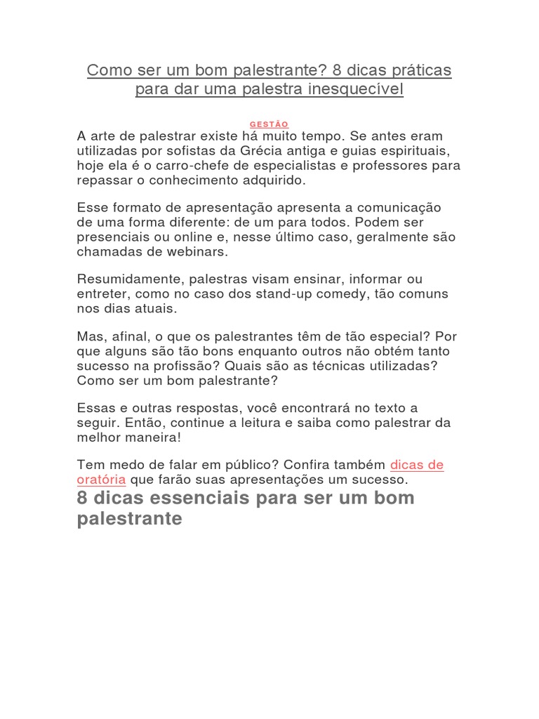 Dicas para Ser um Bom Palestrante | PDF | Canto | Palestra