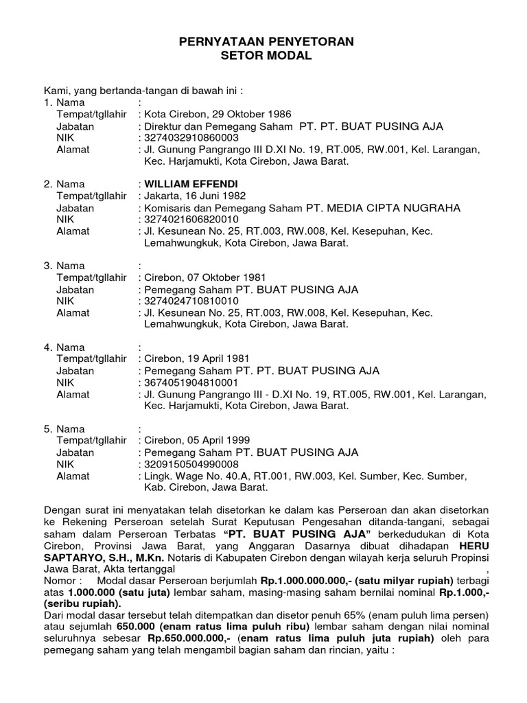 Pernyataan Penyetoran Modal | PDF