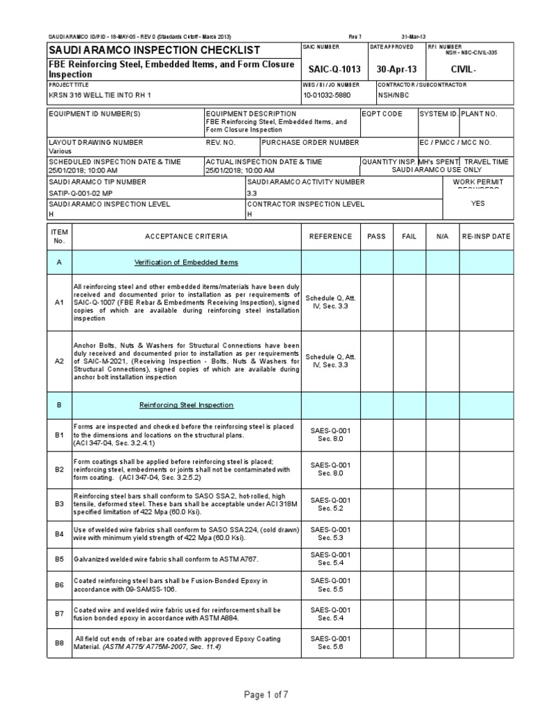 SAIC-Q-1013 Inspection Checklist | PDF | Concrete | Building Materials