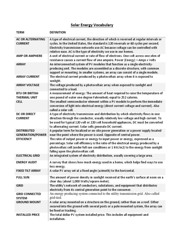Solar Energy Vocabulary 2 PDF Photovoltaic System Solar Cell