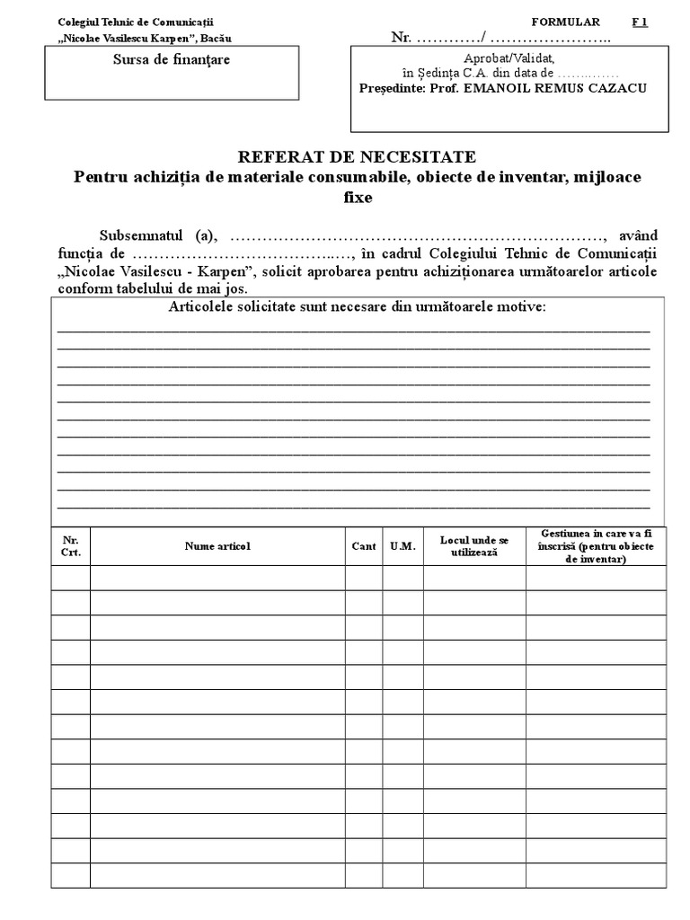 Formular Referat Necesitate