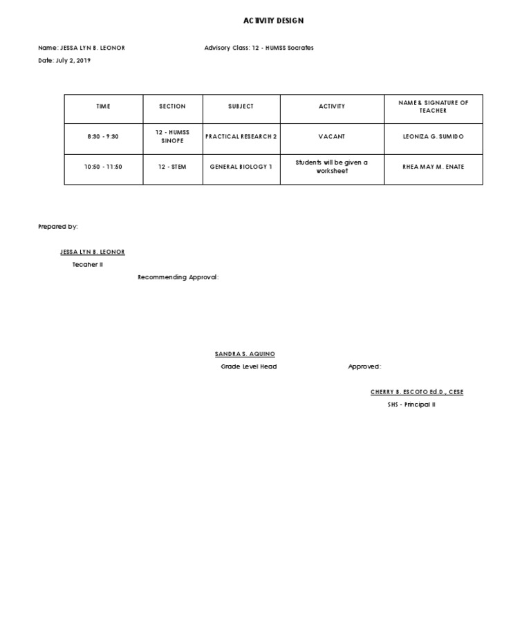 Activity Design: Prepared by | PDF | Science & Mathematics