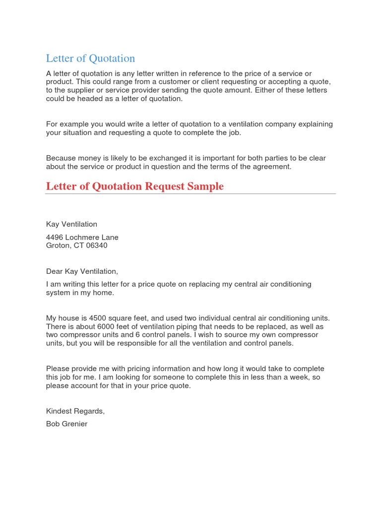 Letter of Quotation  PDF  Ventilation (Architecture)  Microeconomics