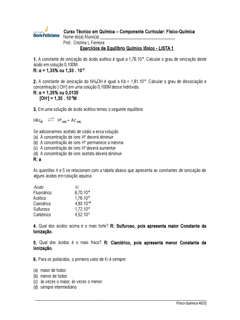 Exercícios de Equilíbrio Iônico Lista 1 | PDF | Ácido | Solução