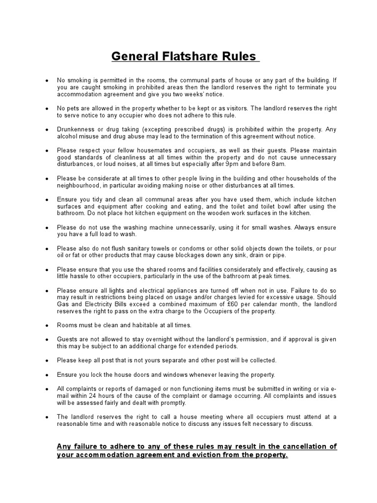 General Rules of Flatshare PDF Landlord Kitchen