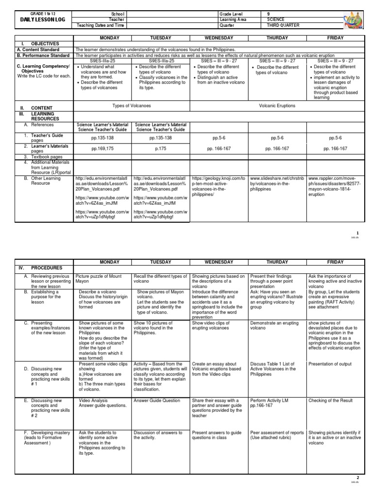 1st Quarter DLL Science 9 | PDF | Volcano | Types Of Volcanic Eruptions