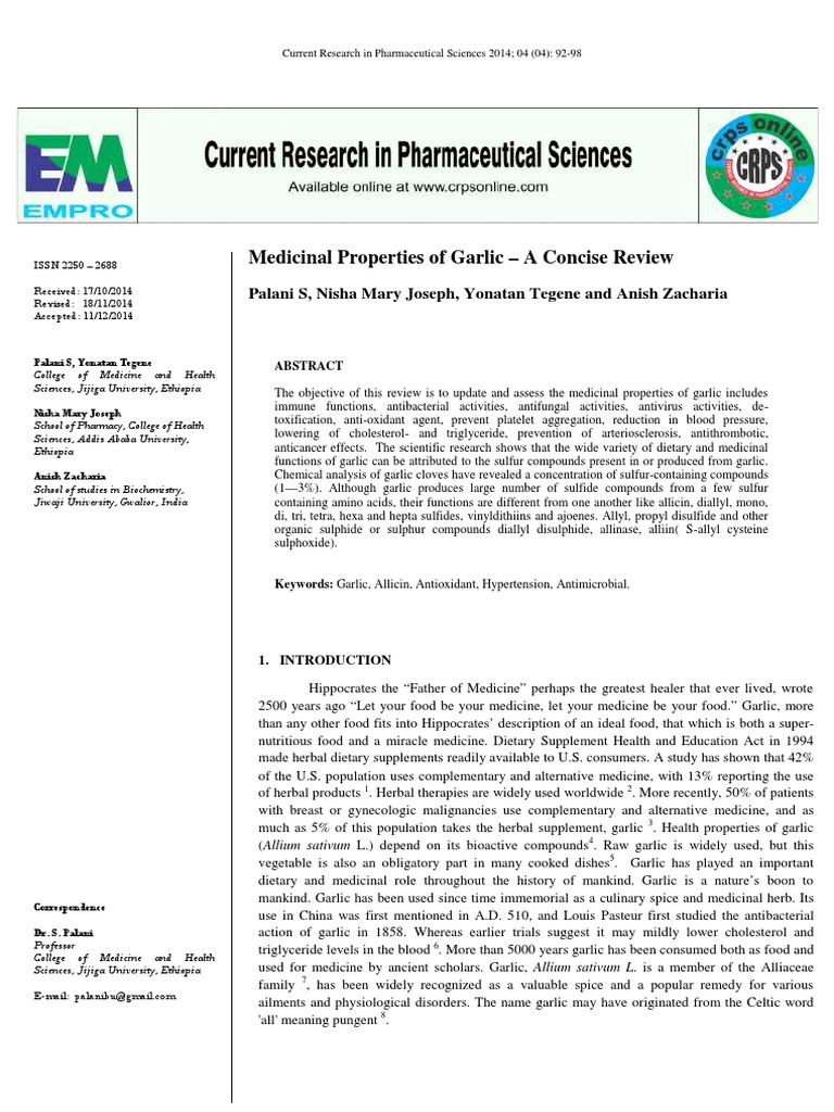Medicinal Properties of Garlic Review | PDF | Atherosclerosis | Garlic