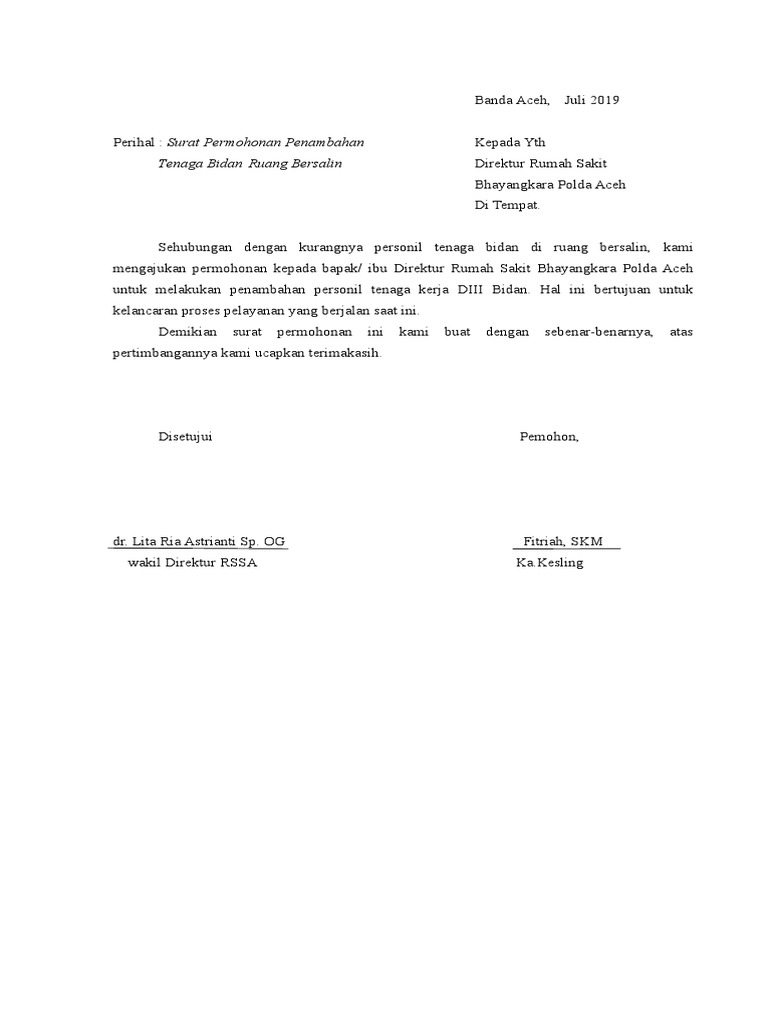 Contoh Surat Lamaran Kerja Bidan Di Klinik Bersalin ...