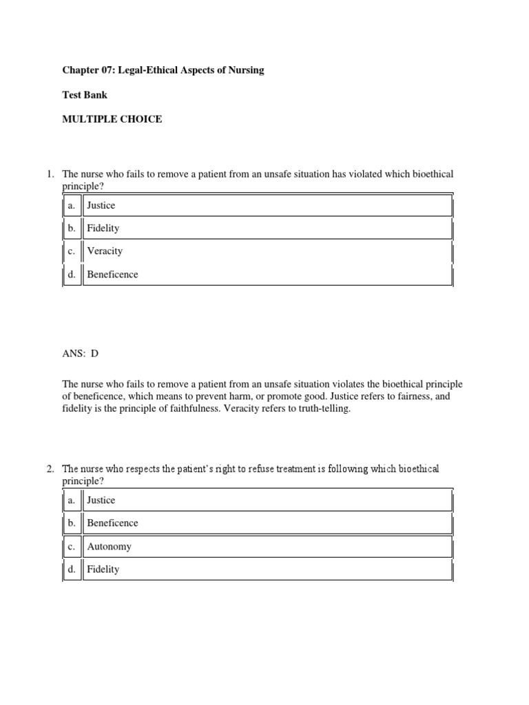 Chapter 07 LegalEthical Aspects of Nursing Test Bank Multiple Choice PDF Autonomy Surgery