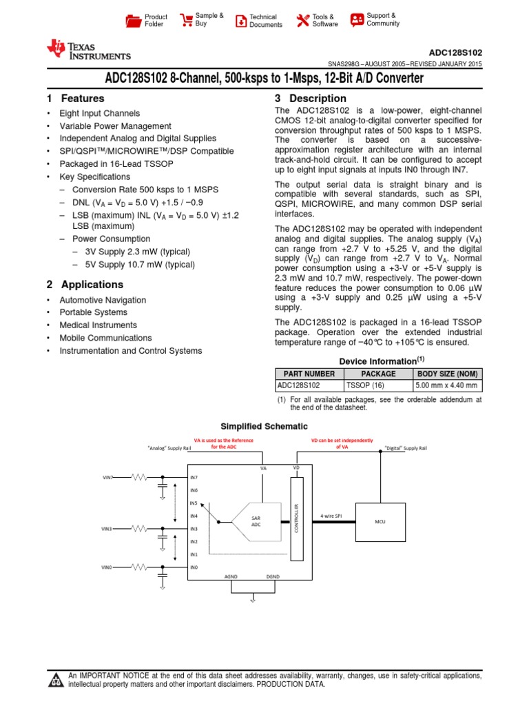 ADC128S102 8Channel, 500ksps To 1Msps, 12Bit A/D Converter PDF